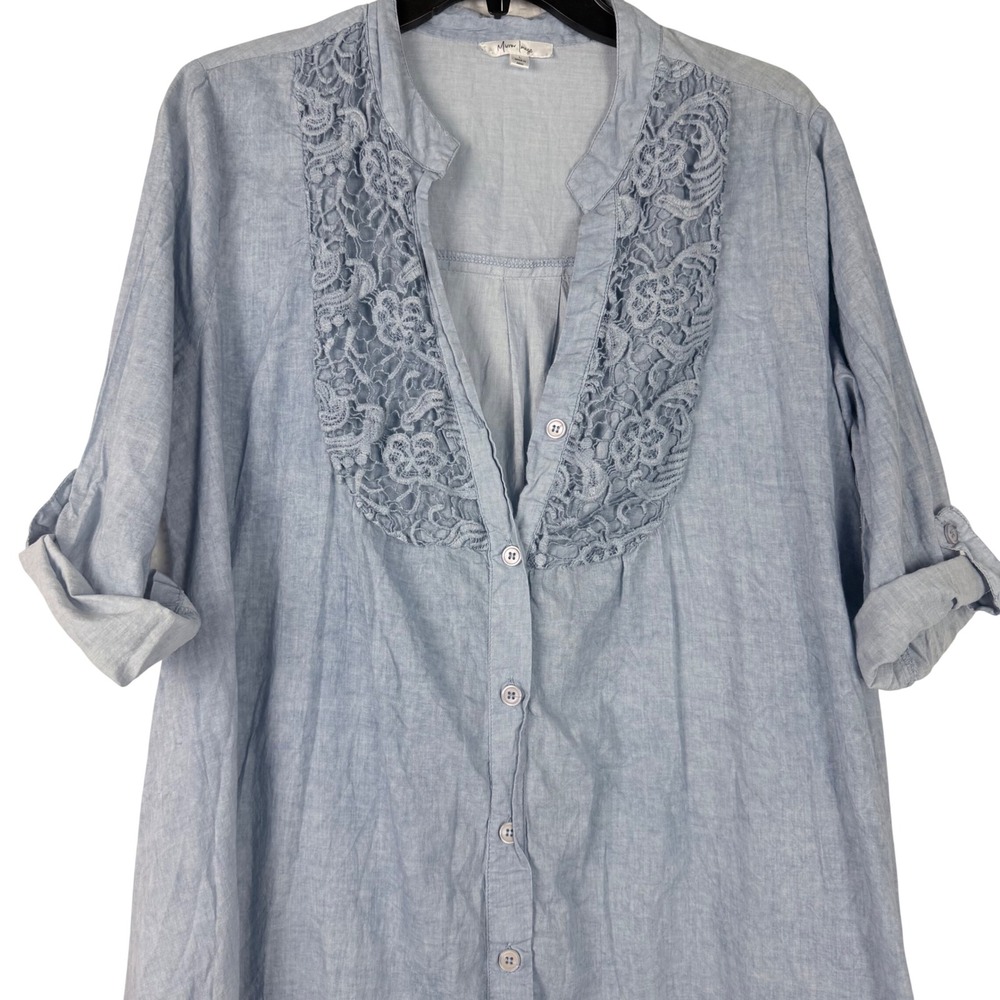 Mirror Image Womens Blue Cotton Lace Trim Roll Tab Sleeve Tunic‎ Dress Large